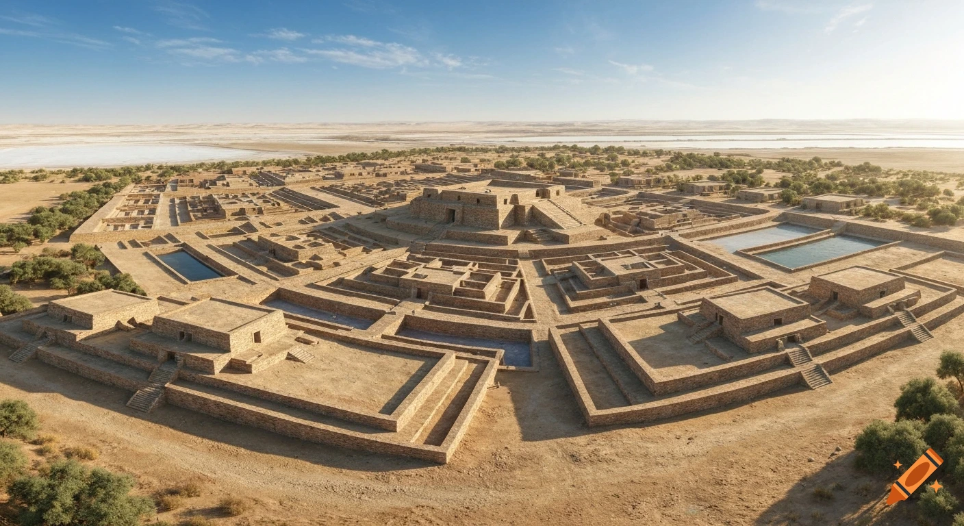 Panoramic view of Dholavira, an ancient stone city with geometric planning and water reservoirs, set in an arid desert landscape.