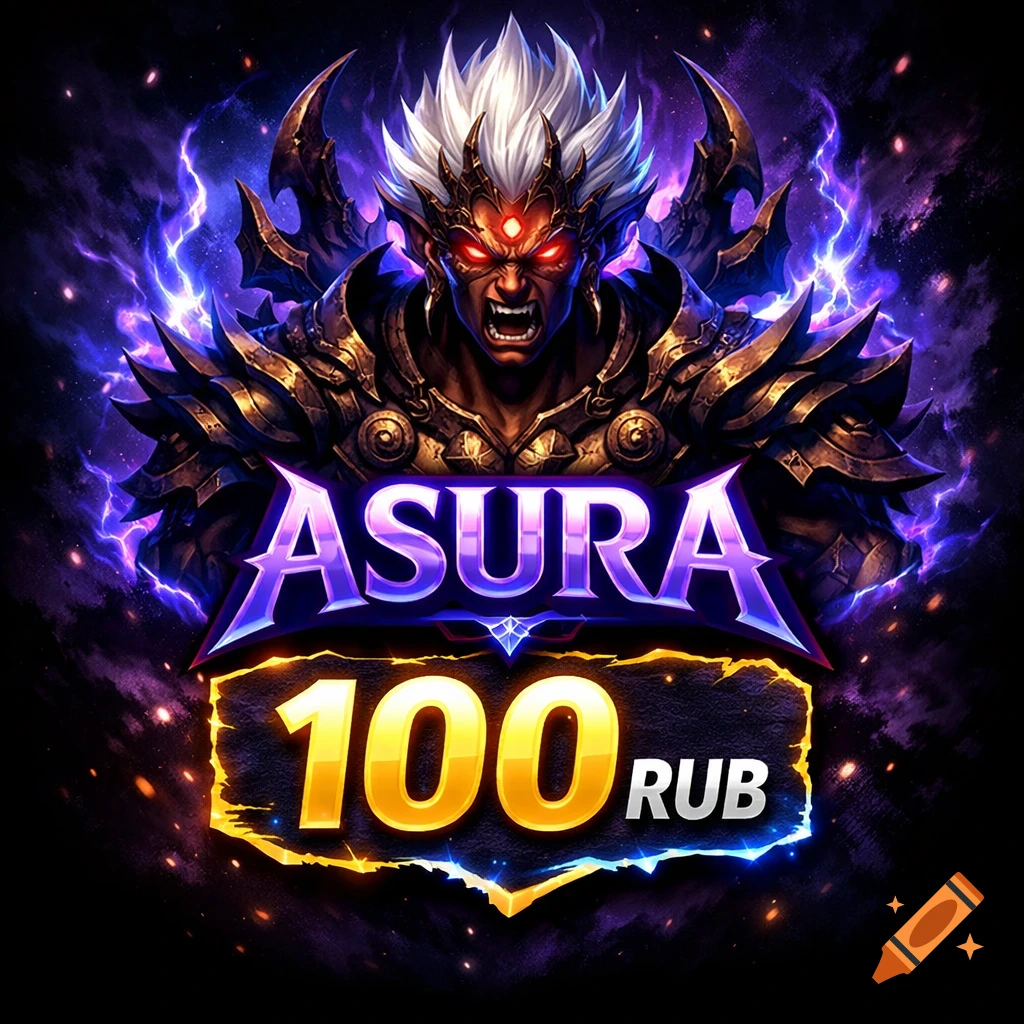 Stylized angry demon character in gold armor with red eyes, purple lightning, and text "ASURA" and "100 RUB".