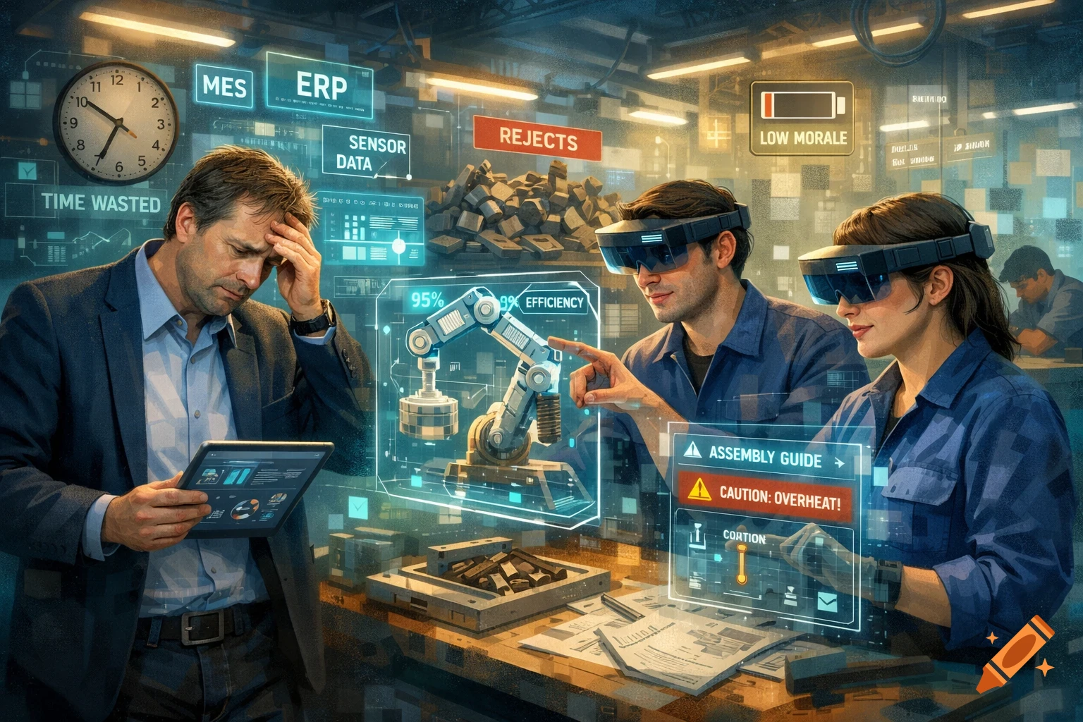 A man looking stressed while holding a tablet, beside two workers wearing augmented reality headsets in a factory setting with holographic data displays.