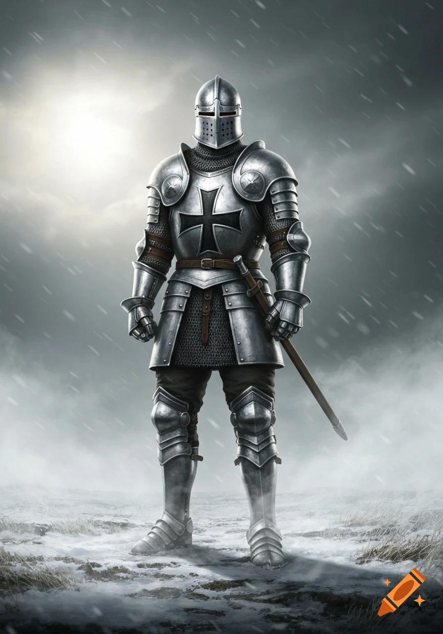 Full-body shot of a Teutonic Knight in detailed silver armor, standing in a snowy landscape under a bright, overcast sky.