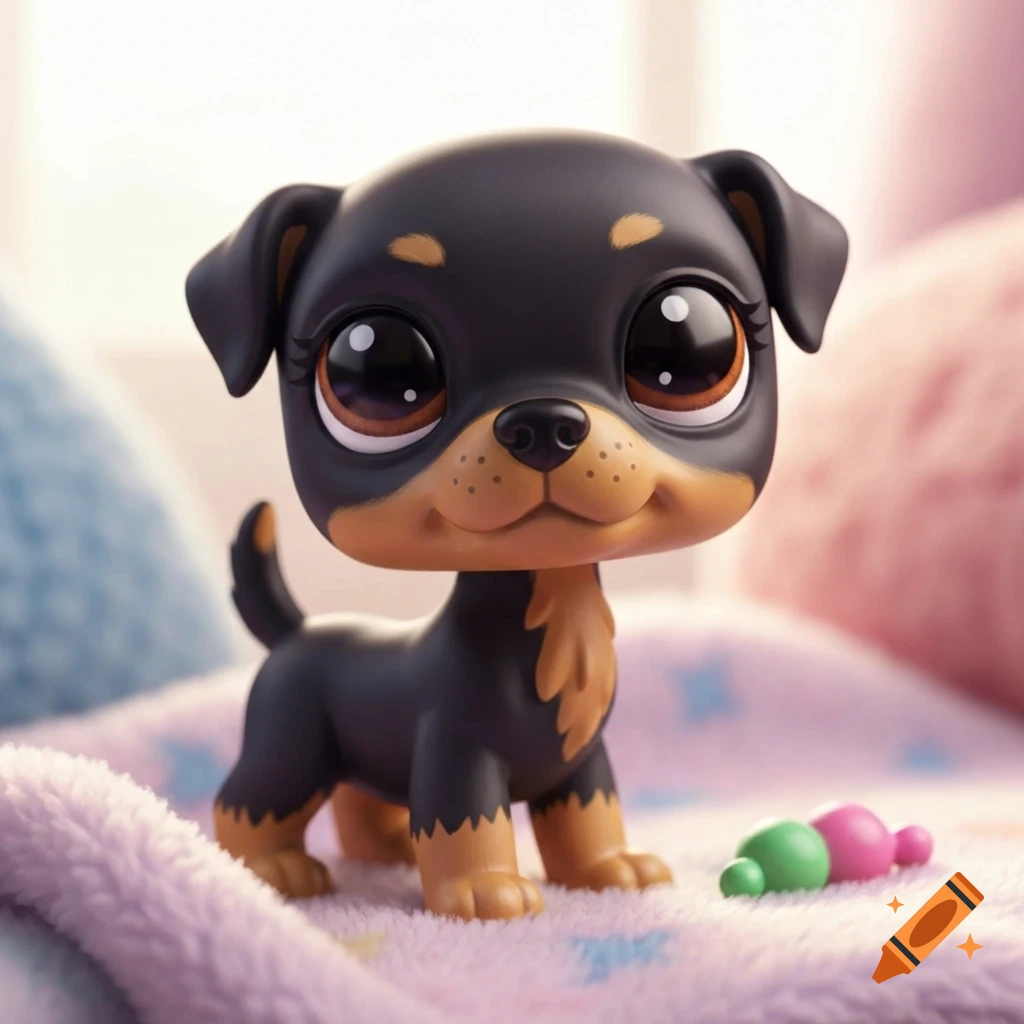 A cute, black and tan toy puppy with big eyes stands on a pink blanket with a small toy nearby.