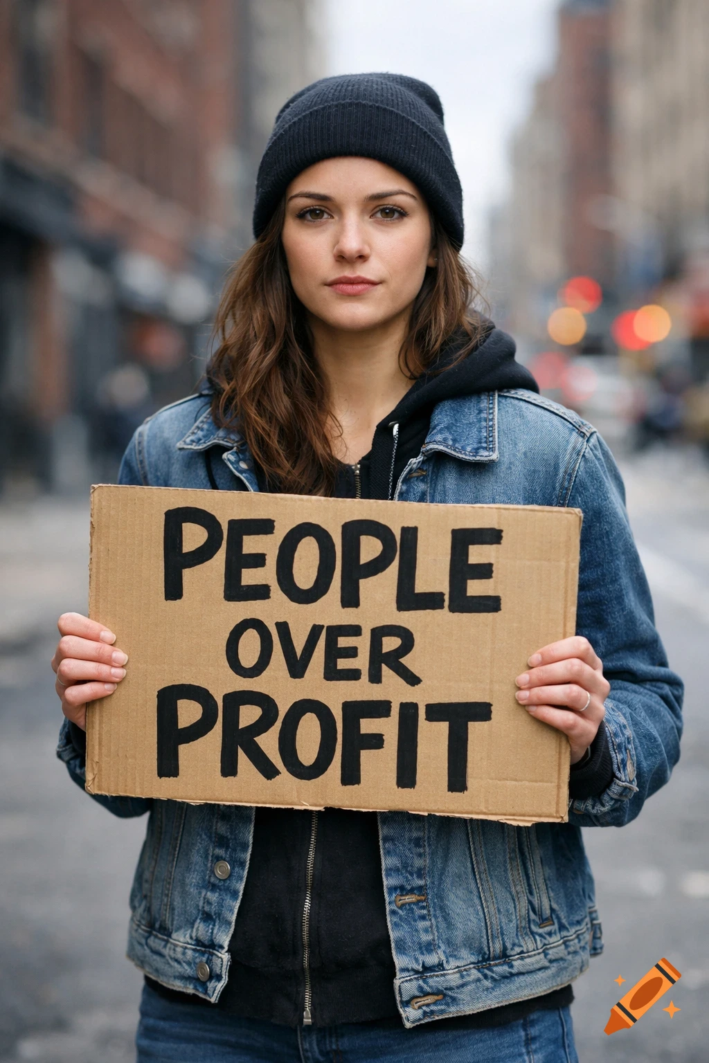 Young woman in a beanie and denim jacket holds a cardboard sign saying 'PEOPLE OVER PROFIT' on a city street.