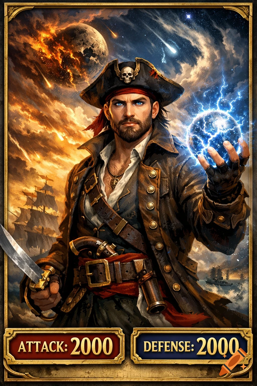 A fantasy pirate card art featuring a male pirate with blue eyes, holding a glowing orb and dagger, against a stormy sky with ships and a burning planet.