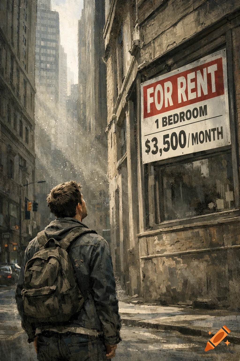 A man with a backpack looks up at a large 'For Rent' sign on a building in a gritty urban street, painted in an editorial style.