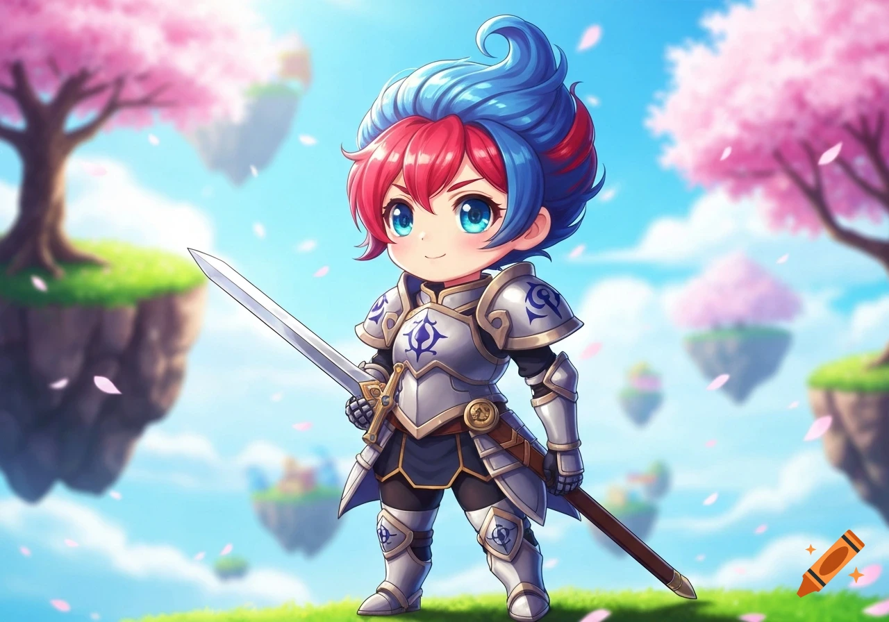 Cute chibi anime knight with red and blue hair, holding a sword, on a floating island with pink cherry trees.