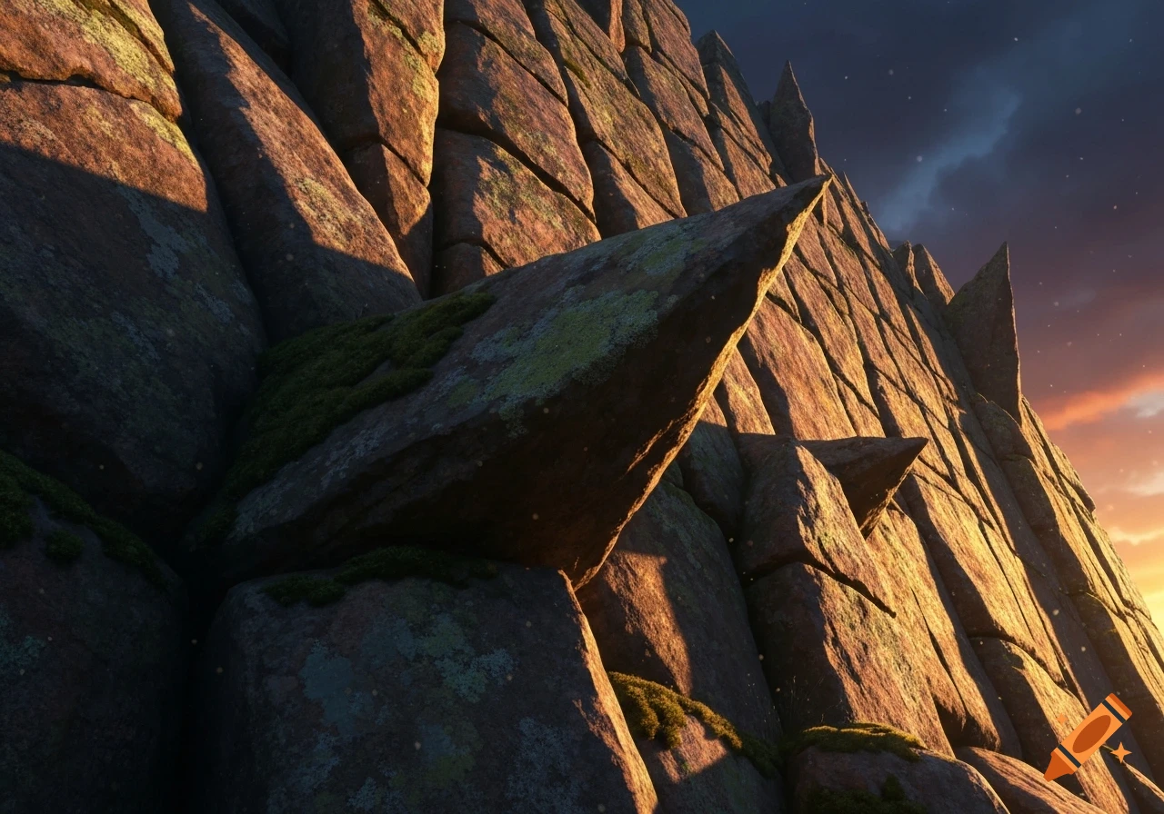 Close-up of a rugged rocky wall lit by golden sunlight, with moss in crevices and a dark, cloud-streaked sky.
