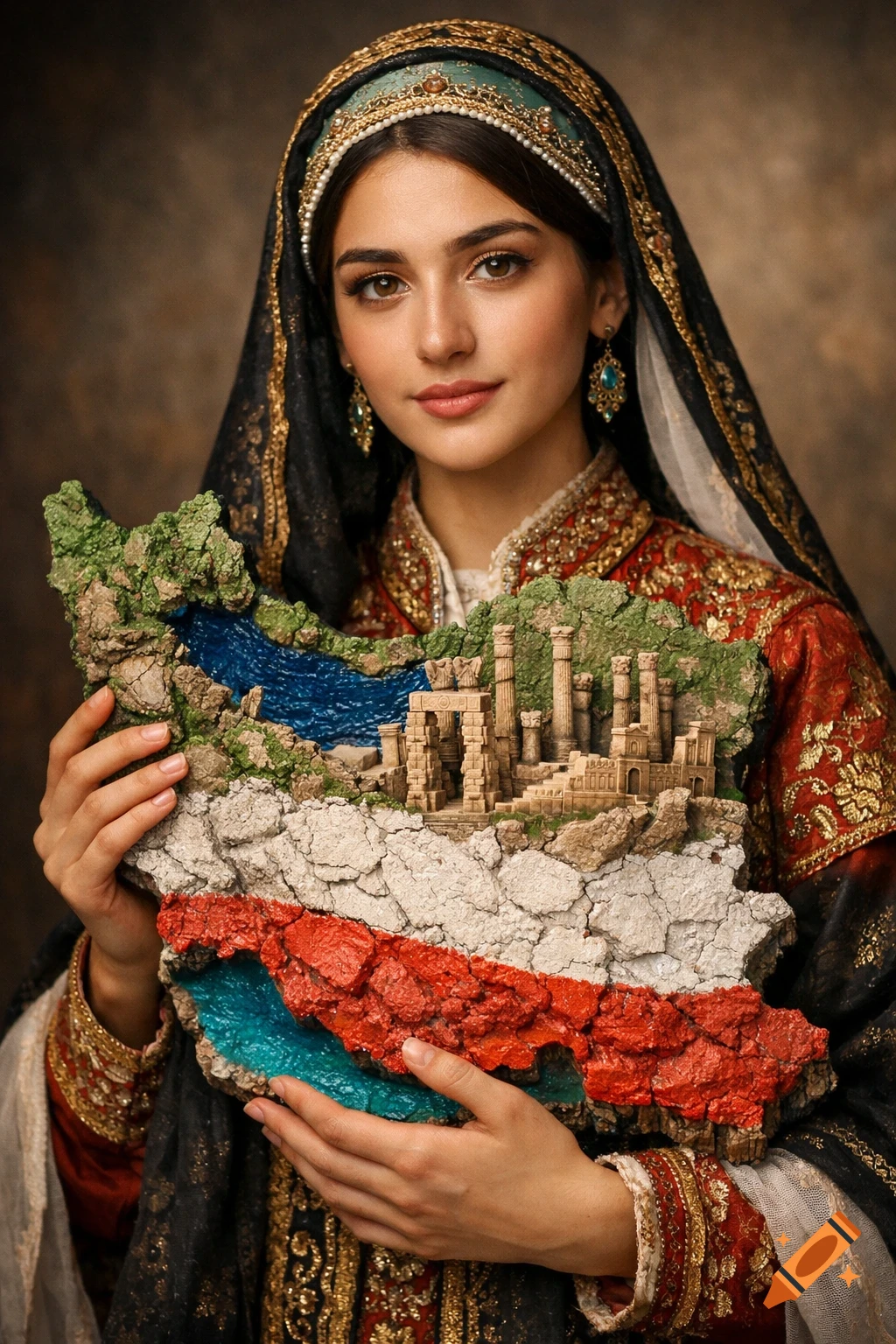 A photorealistic portrait of a young Iranian woman in traditional dress, holding a detailed, textured map of Iran featuring ancient ruins and bodies of water.
