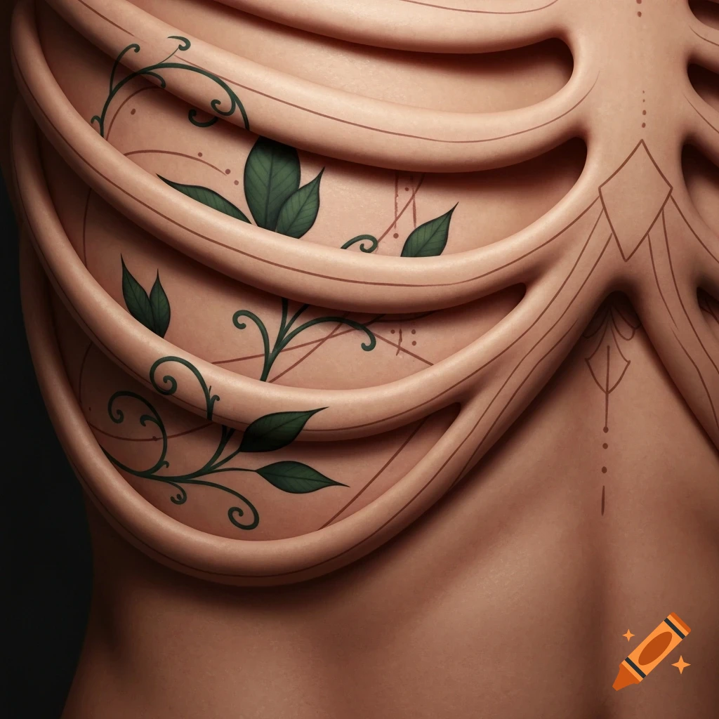 Stylized digital art of a human ribcage area with skin, adorned with green leafy and geometric tattoos.