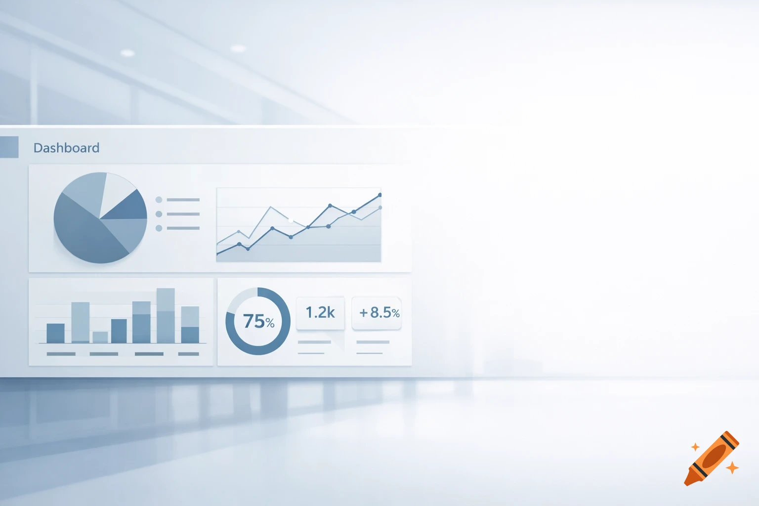 A minimalist strategic marketing dashboard with charts and graphs on a modern office background in blue and grey tones.