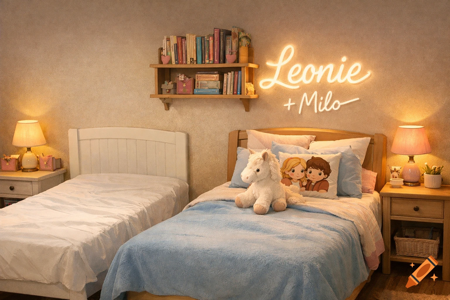 A cozy, realistically styled bedroom with two single beds, one neatly made with a blue blanket and a plush horse, a neon sign 'Leonie + Milo', and a bookshelf, illuminated by warm lighting.