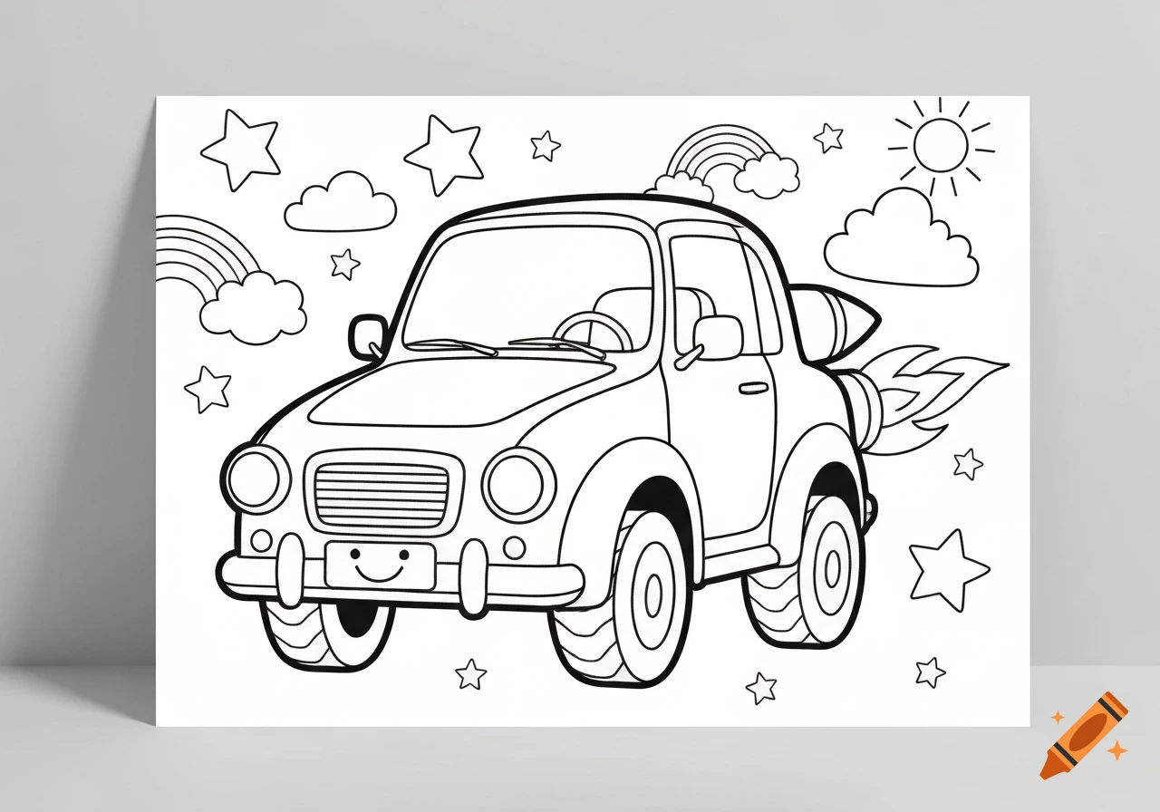 Black and white line art coloring page of a cartoon rocket car with a smiley face, surrounded by stars, clouds, rainbows, and a sun.