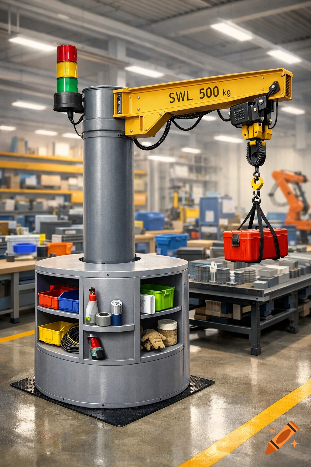A gray pillar jib crane with a yellow arm lifting a red box in a bright industrial factory. The crane has a storage unit at its base.