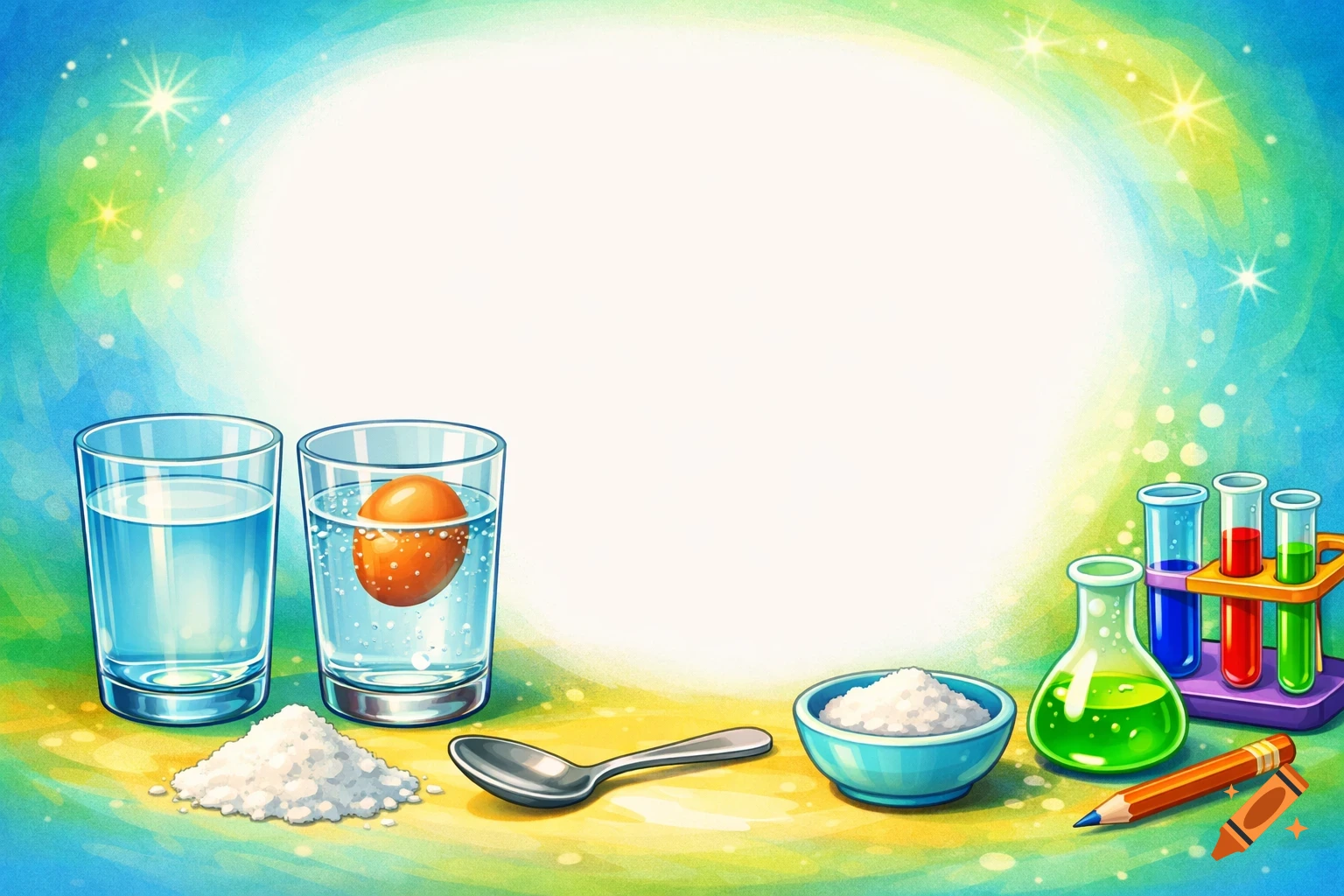 A fun, colorful illustration of a science experiment with glasses of water, salt, a spoon, and lab equipment around a central empty space.