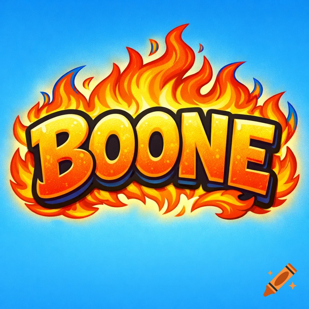 The word BOONE in stylized, fiery, cartoon letters on a blue background.