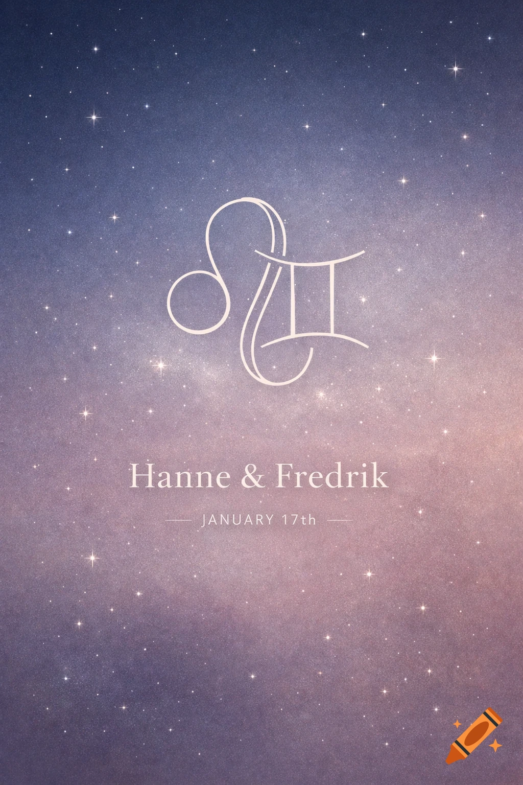 A minimalist astrological poster with intertwined Leo and Gemini symbols, text "Hanne & Fredrik" and "JANUARY 17th", on a starry gradient sky.