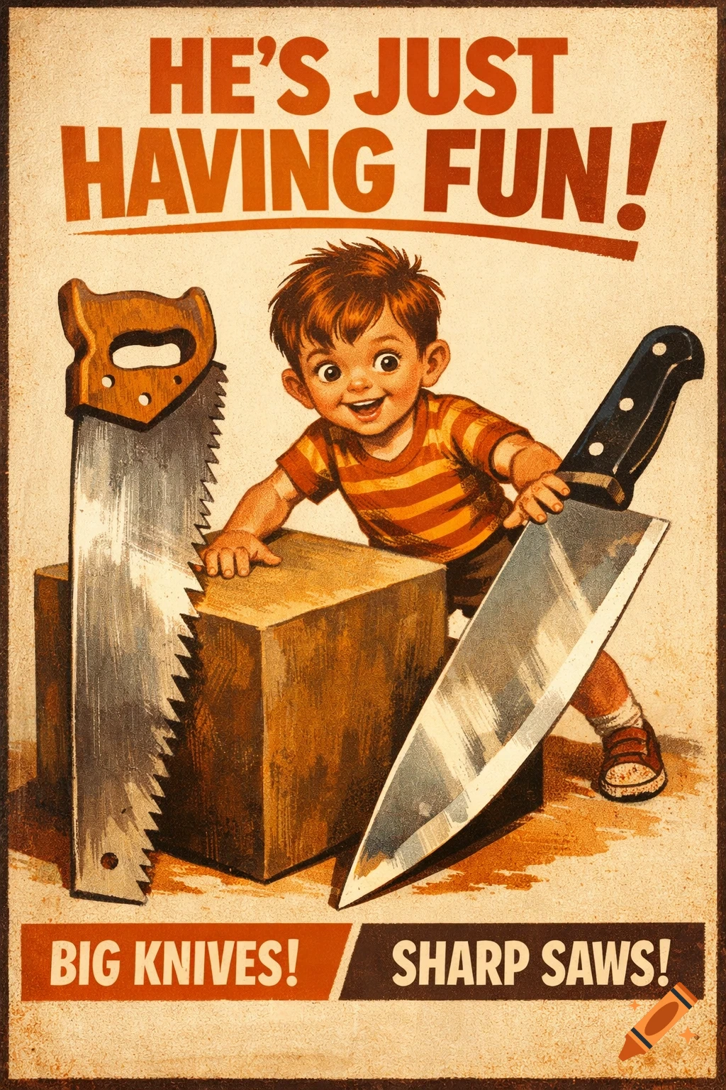 A vintage-style poster depicting a smiling child playing with an oversized saw and a large chef's knife, with text "HE'S JUST HAVING FUN!"