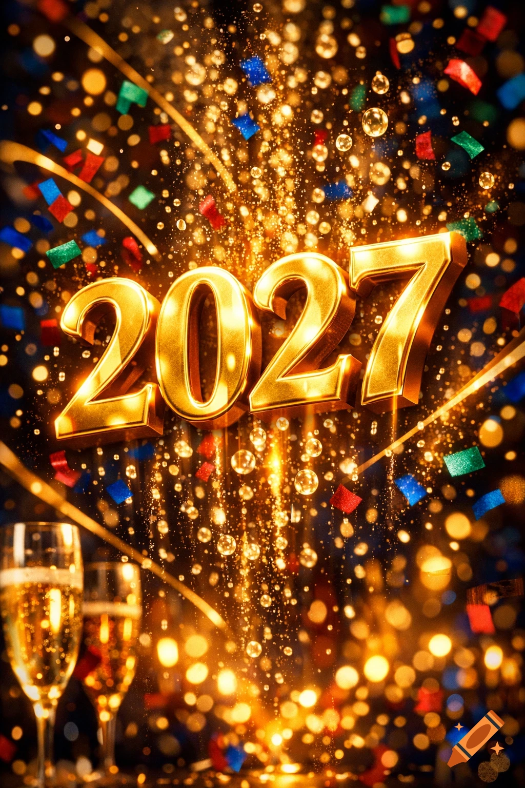 Golden '2027' text sparkles with confetti and bokeh lights, champagne glasses in the foreground, for a New Year celebration.