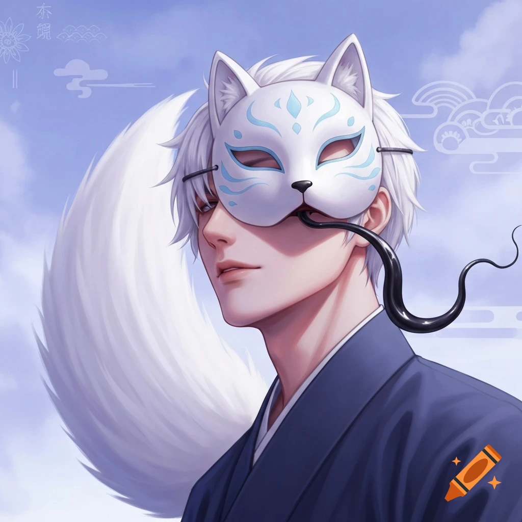 Anime-style portrait of a man with white hair, a kitsune mask with blue markings, and a large white fox tail, with a black tendril coming from the mask into his mouth.