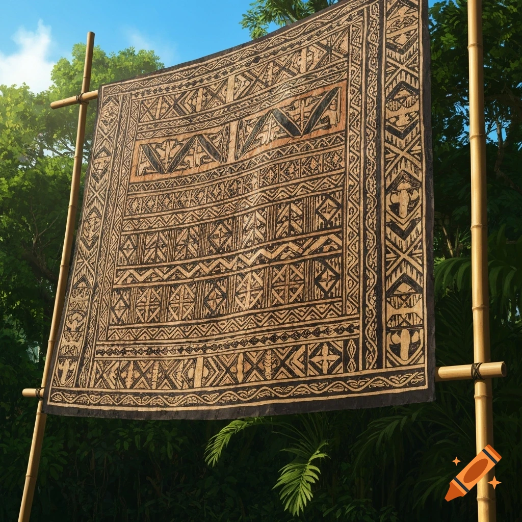Traditional Fijian masi cloth with intricate dark patterns on light brown fabric, hung on bamboo poles against lush greenery and blue sky.