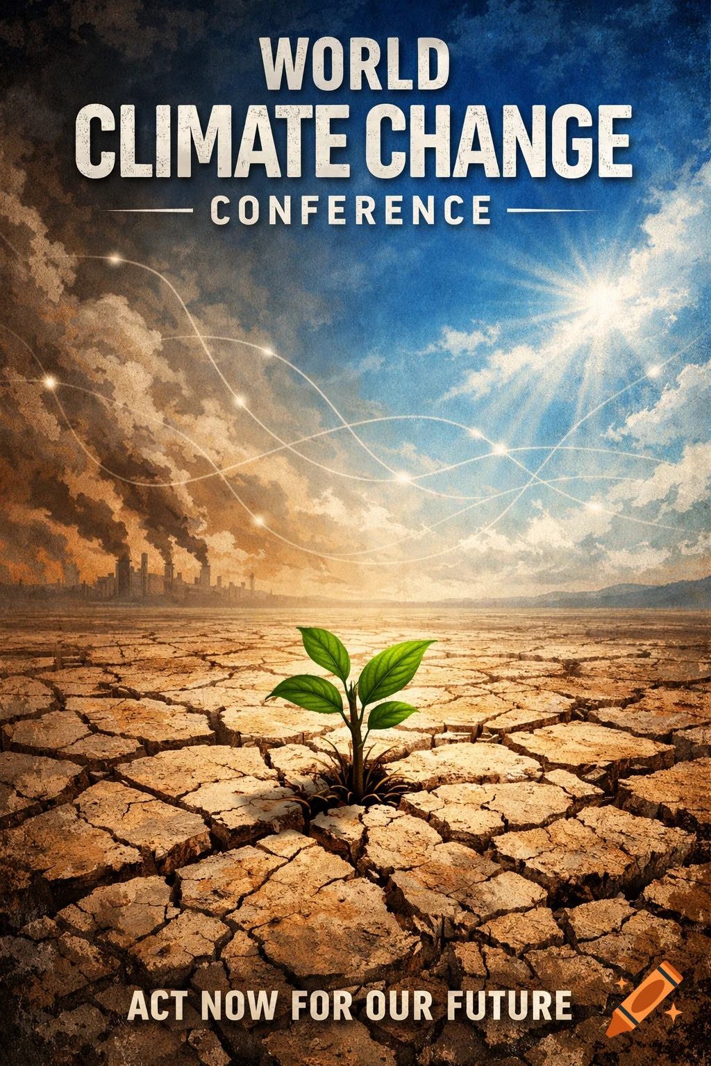 Poster for the World Climate Change Conference showing a green plant in cracked earth, a polluted city, and a bright sky. Text: ACT NOW FOR OUR FUTURE.