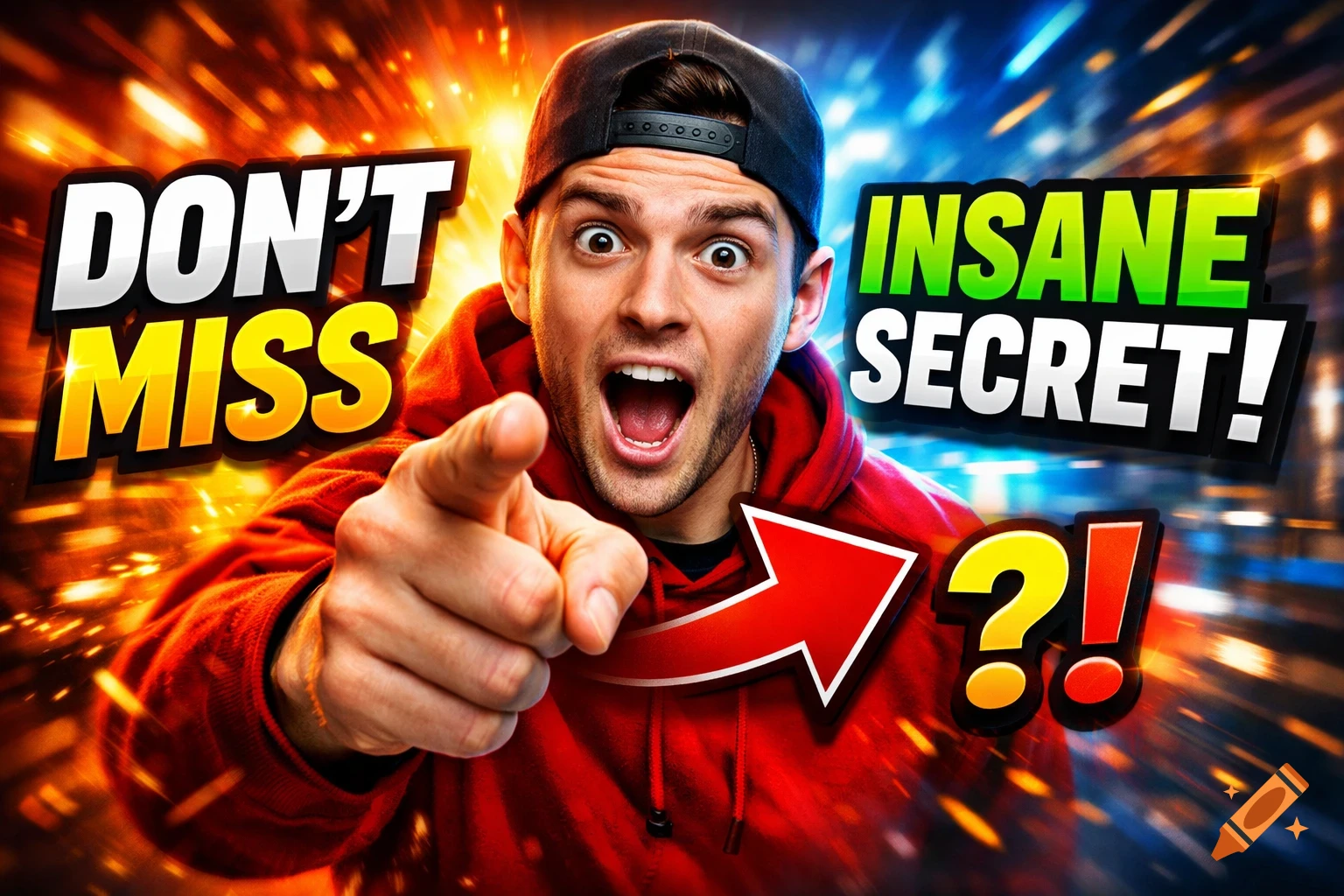 A surprised man in a red hoodie and black cap points at the viewer, with text "DON'T MISS INSANE SECRET!" against a bright, explosive background.