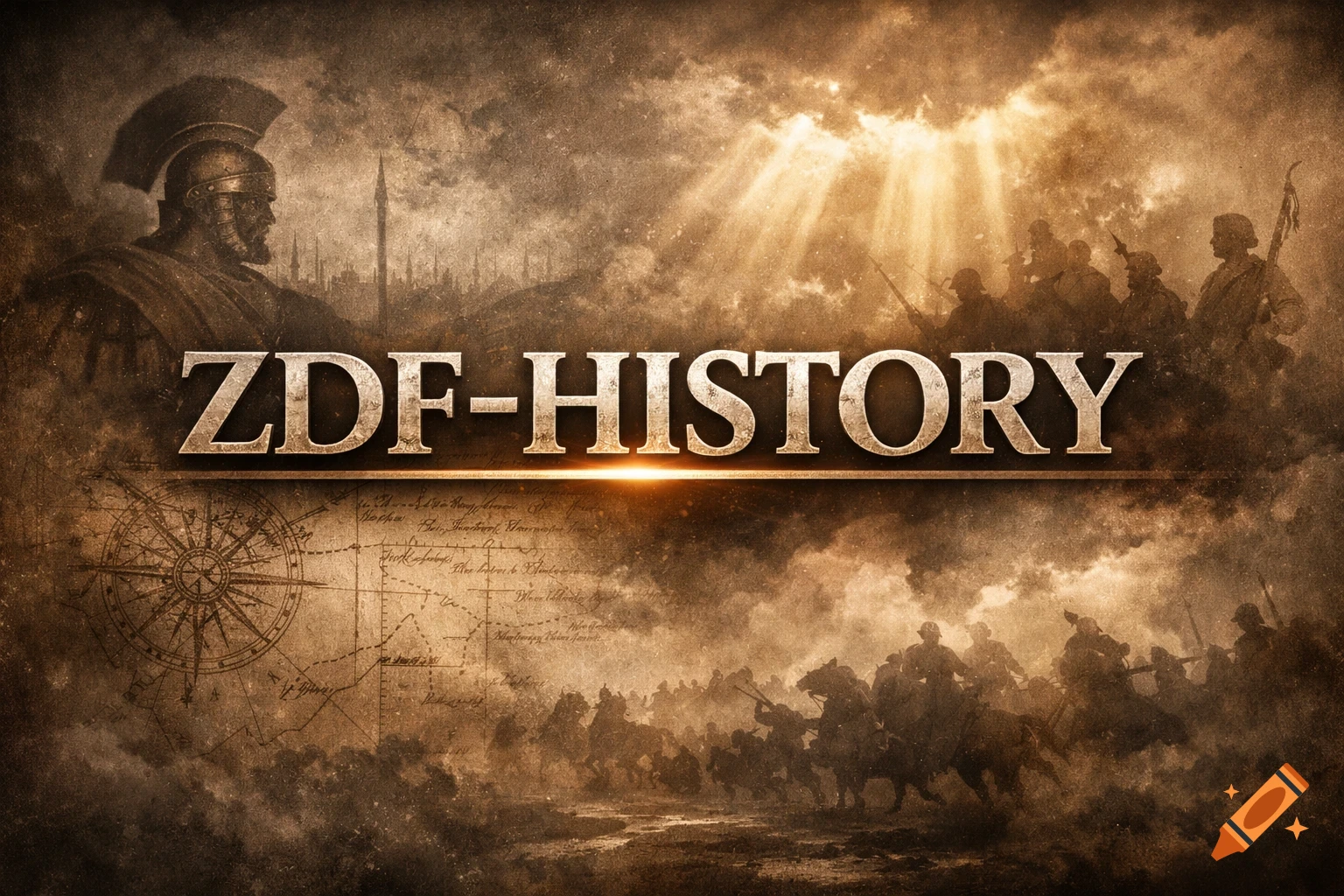 Dramatic sepia-toned historical graphic with 'ZDF-HISTORY' title, a Roman soldier, modern soldiers, and cavalry on a map background.
