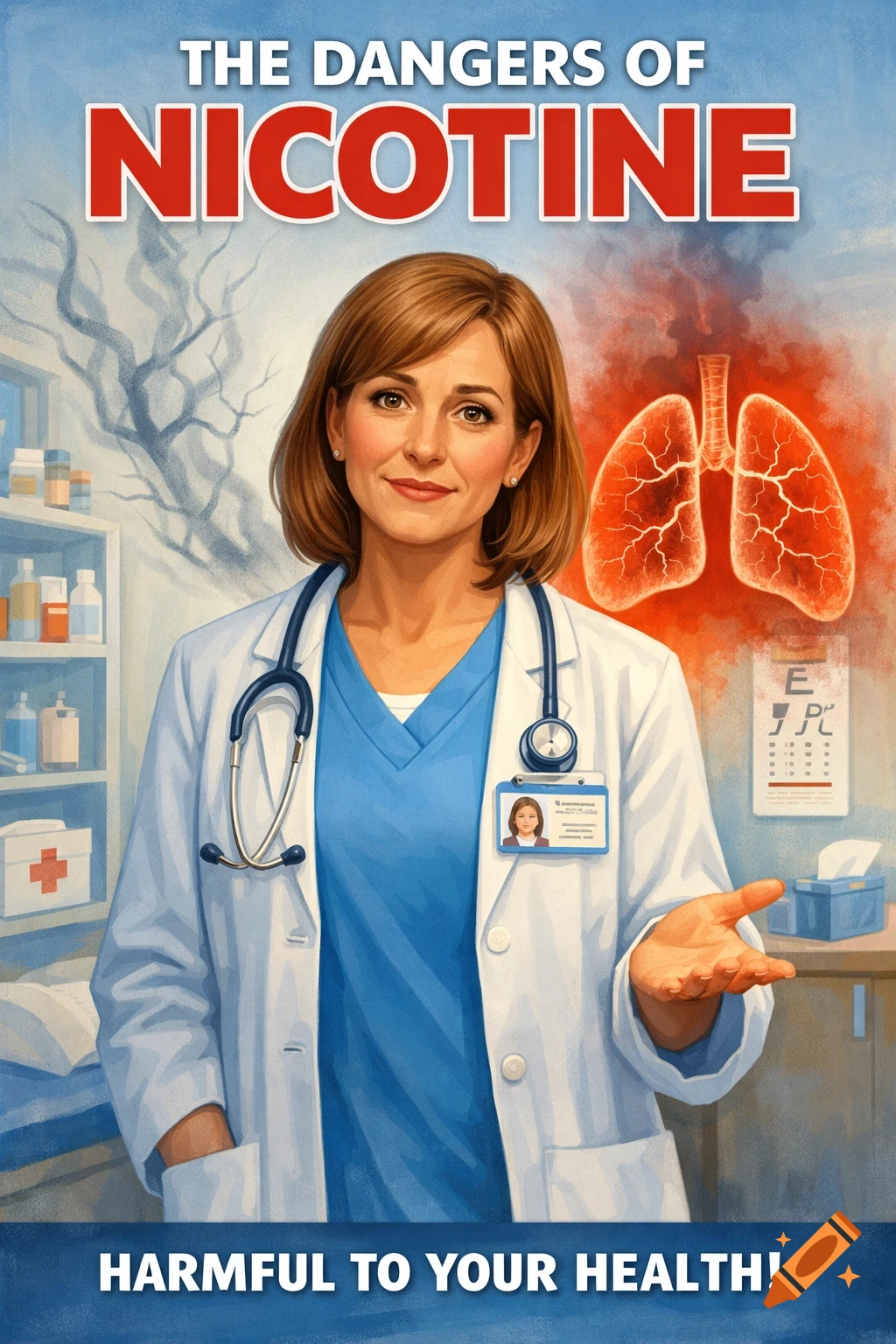 Illustrative poster with a female doctor, diseased lungs, and text "The Dangers of Nicotine" and "Harmful to Your Health!".