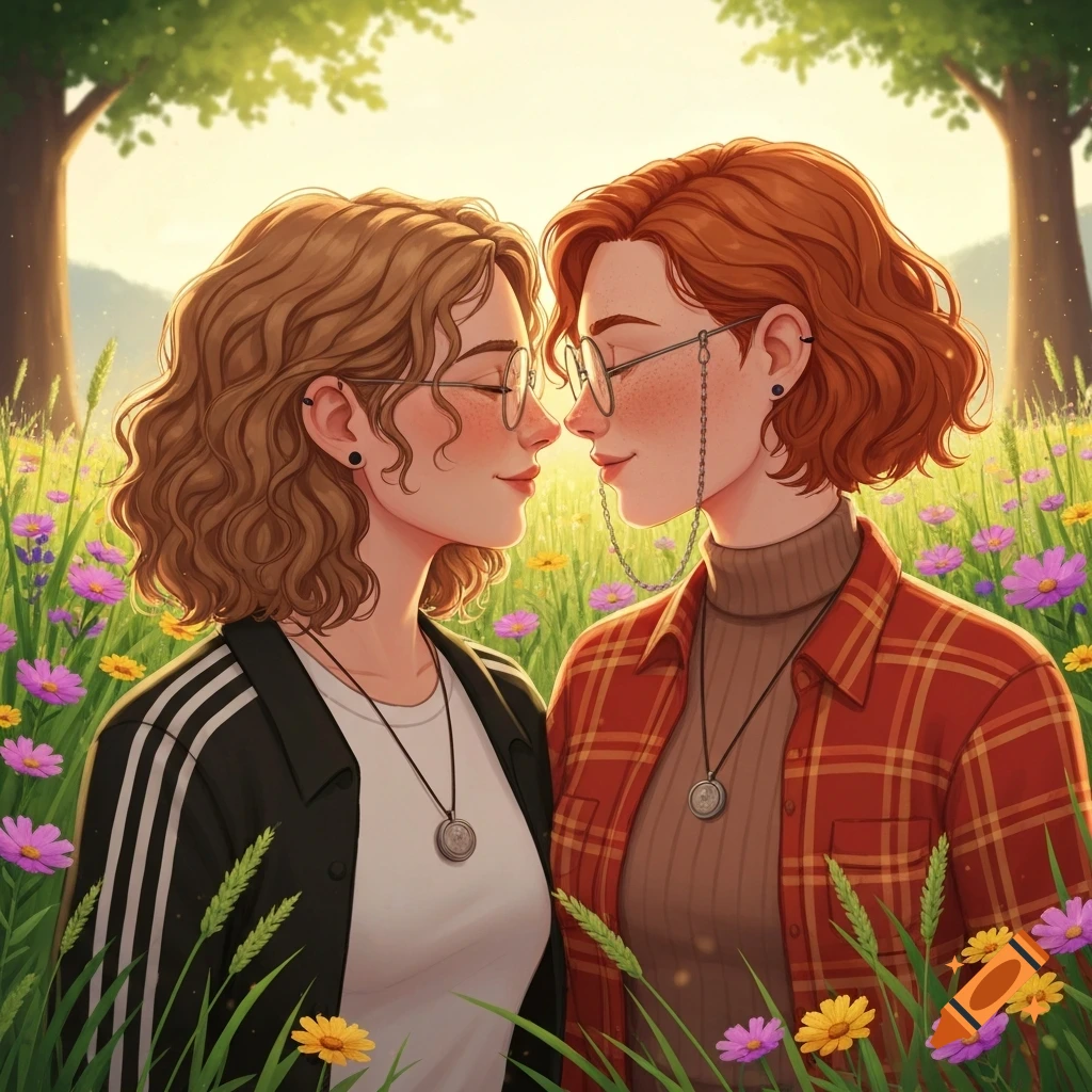 Digital illustration of a lesbian couple in a sunlit meadow, about to kiss amidst colorful flowers.