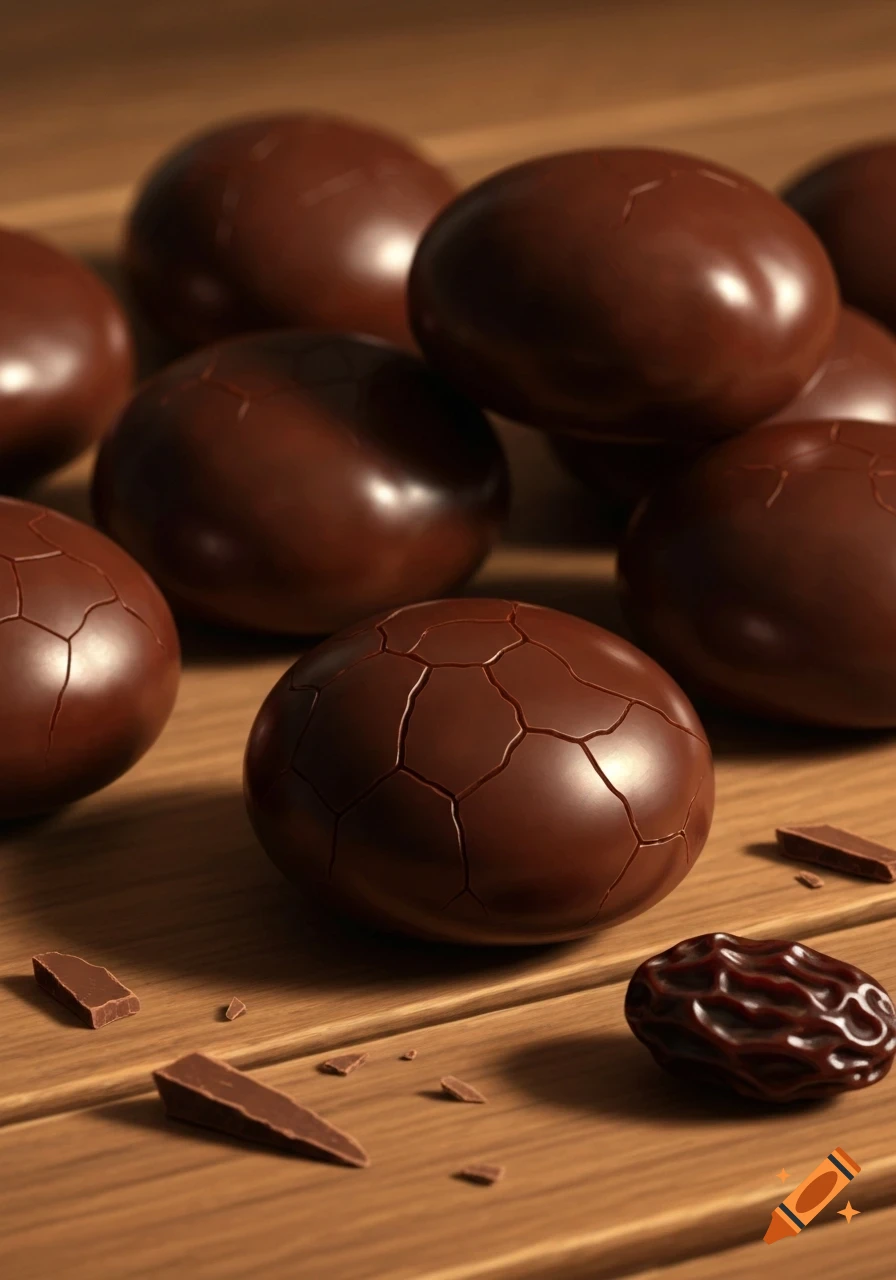 Close-up of several brown chocolate eggs or truffles with cracked surfaces on a wooden table, with scattered chocolate shards and a single raisin.