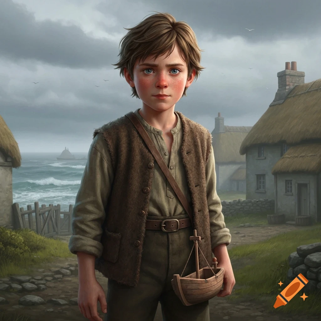 A young boy with reddish cheeks and brown hair, dressed in old-fashioned clothes, stands in a seaside village holding a small wooden boat.
