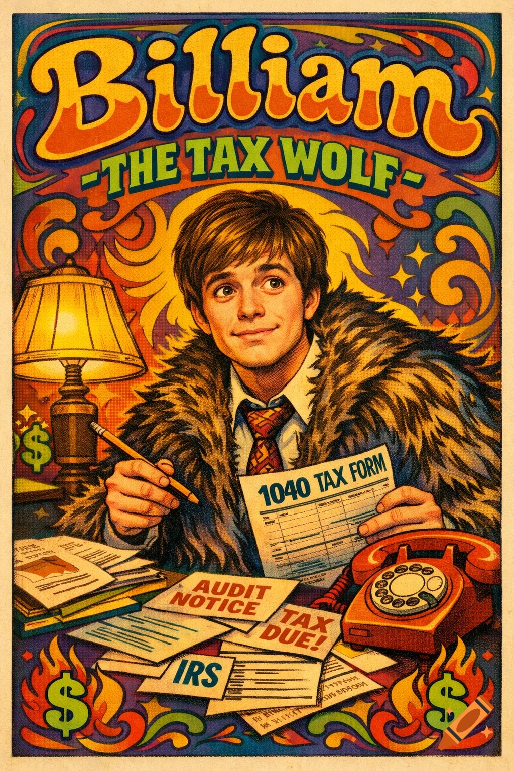 Vibrant 70s poster of 'Billiam - The Tax Wolf', a young tax consultant in a fur coat, holding a 1040 tax form.