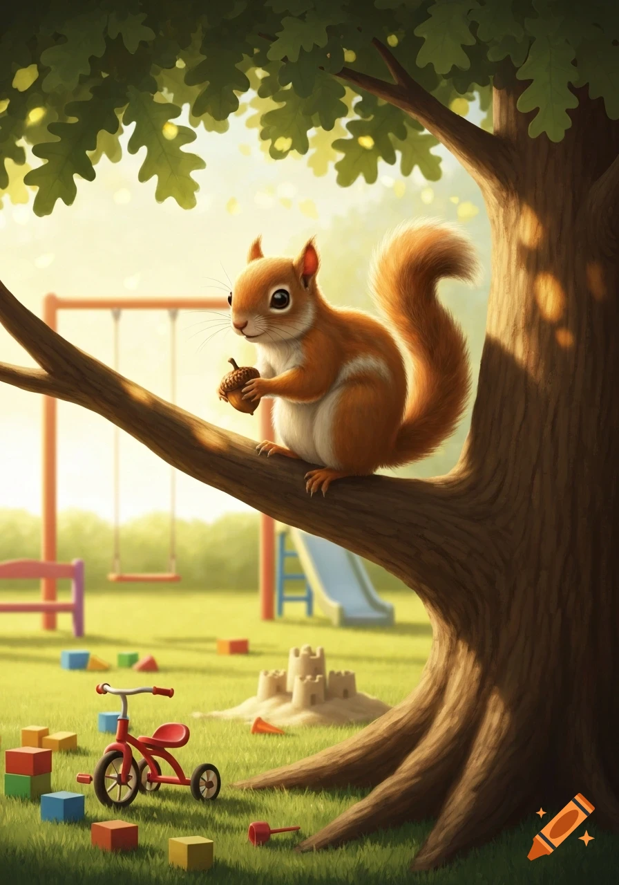 A cute illustrated squirrel sits on a tree branch, holding an acorn, overlooking a sunny playground with toys and a sandcastle.