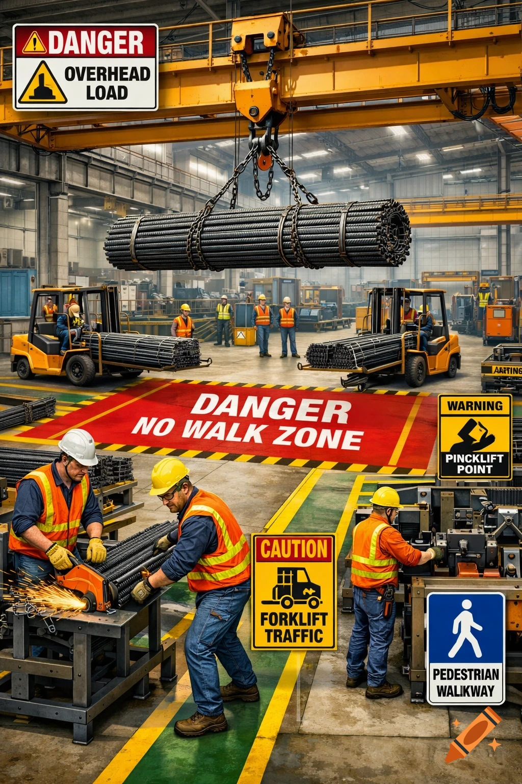Photorealistic safety poster showing a busy rebar fabrication facility with workers, forklifts, and an overhead crane lifting rebar, with multiple safety signs.