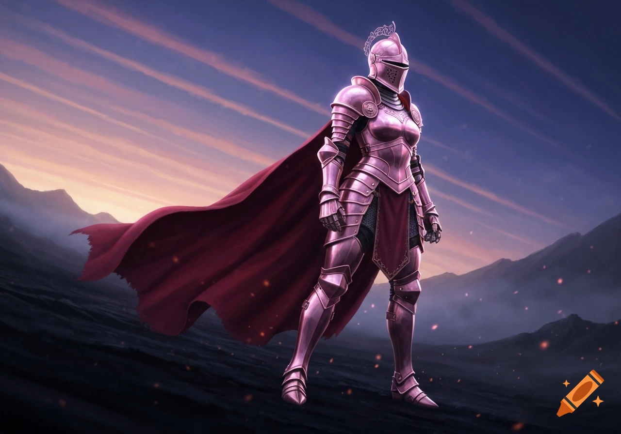 A pink armored knight with a flowing red cape stands in a landscape with mountains under a twilight sky.