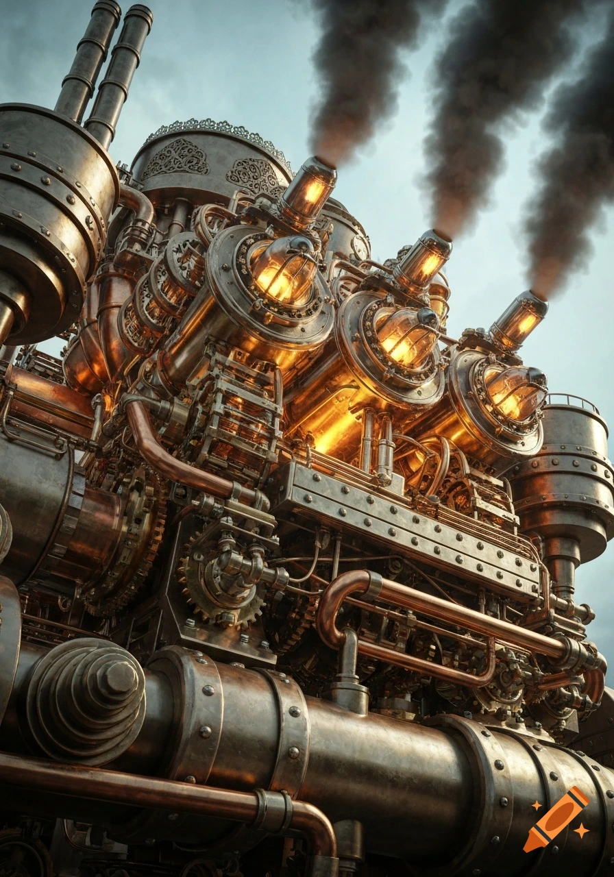 A massive, intricate steampunk clockwork engine with glowing brass and copper components, pipes, gears, and dark smoke rising against a light sky.