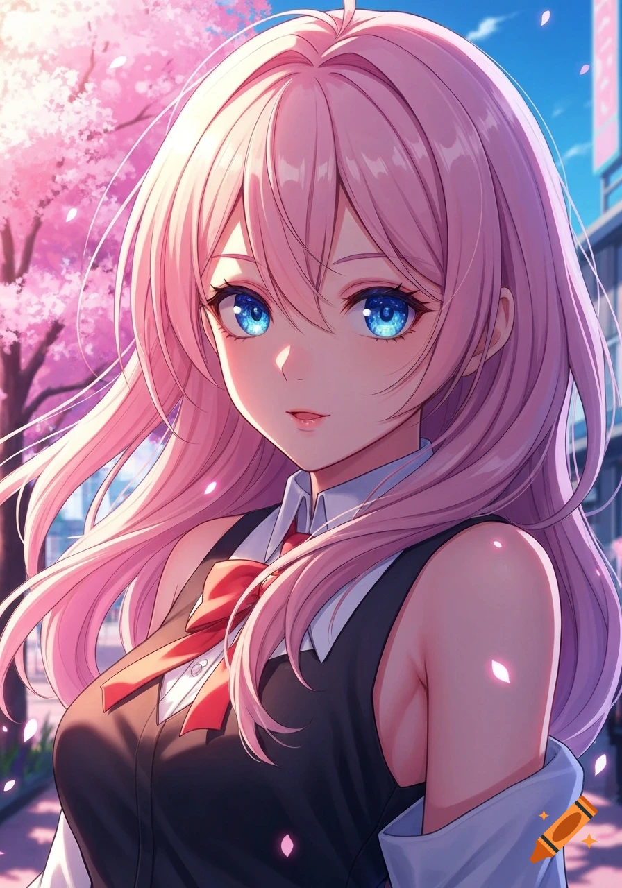 Anime woman with pink hair, bright blue eyes, and a school uniform stands amidst pink cherry blossoms in an outdoor setting.