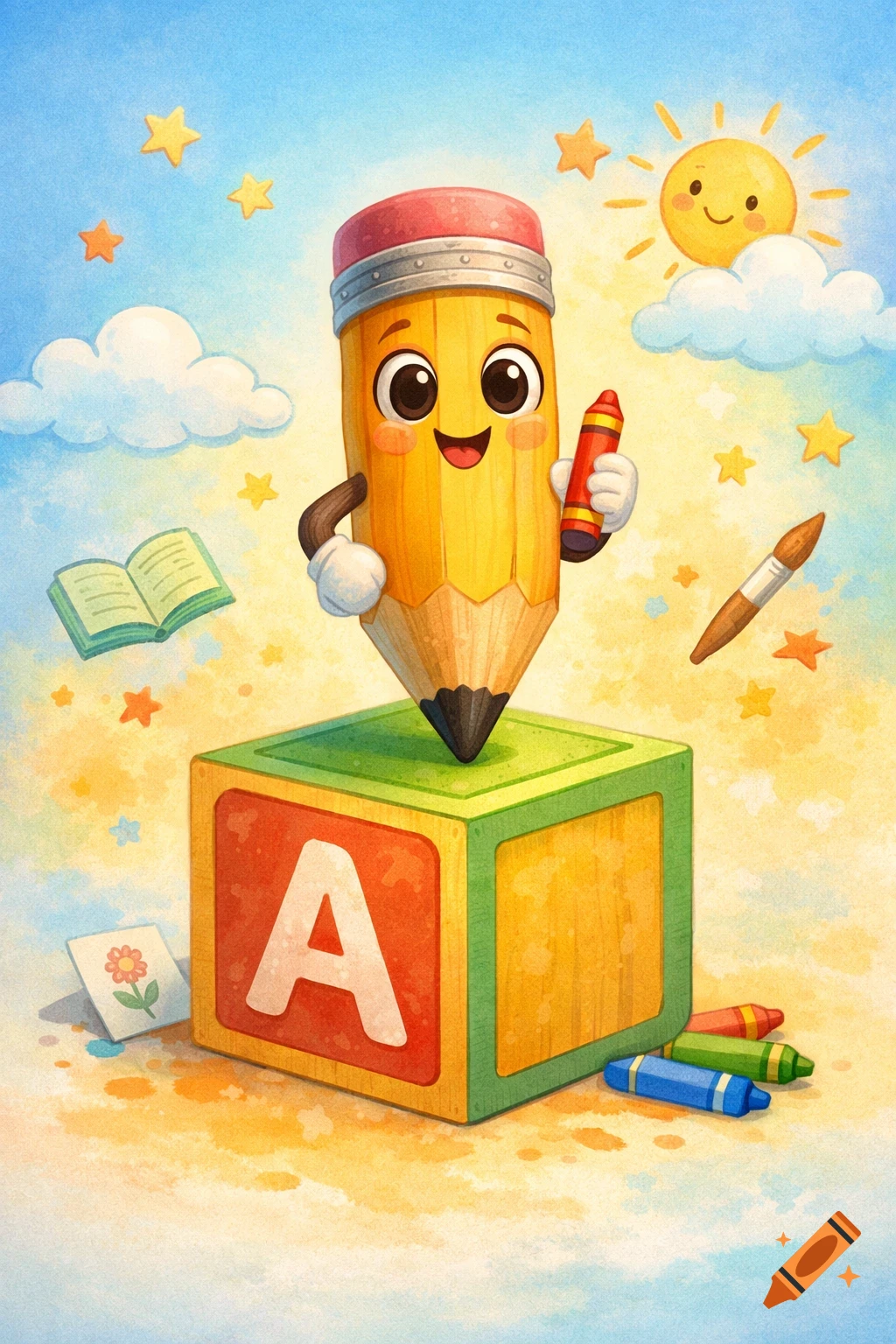 A happy cartoon pencil holding a crayon stands on an alphabet block with letter 'A', under a sky with a smiling sun and stars, in a watercolor style.