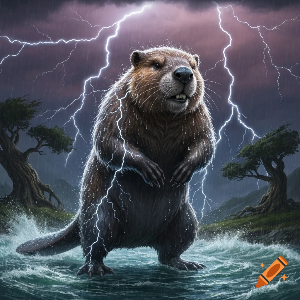 A large beaver stands upright in stormy water with lightning illuminating the dark sky.