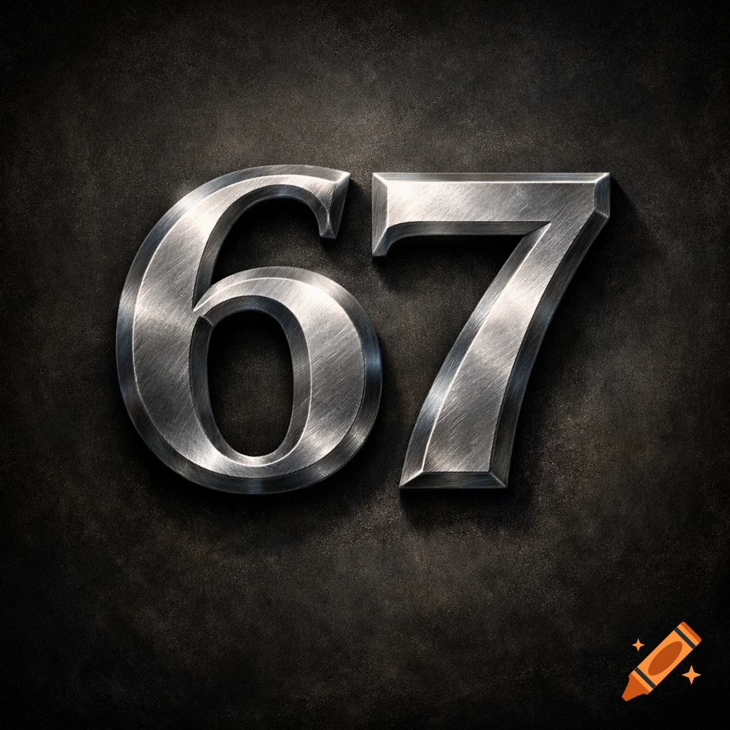 The numbers 67 rendered in a brushed metallic style against a dark background.