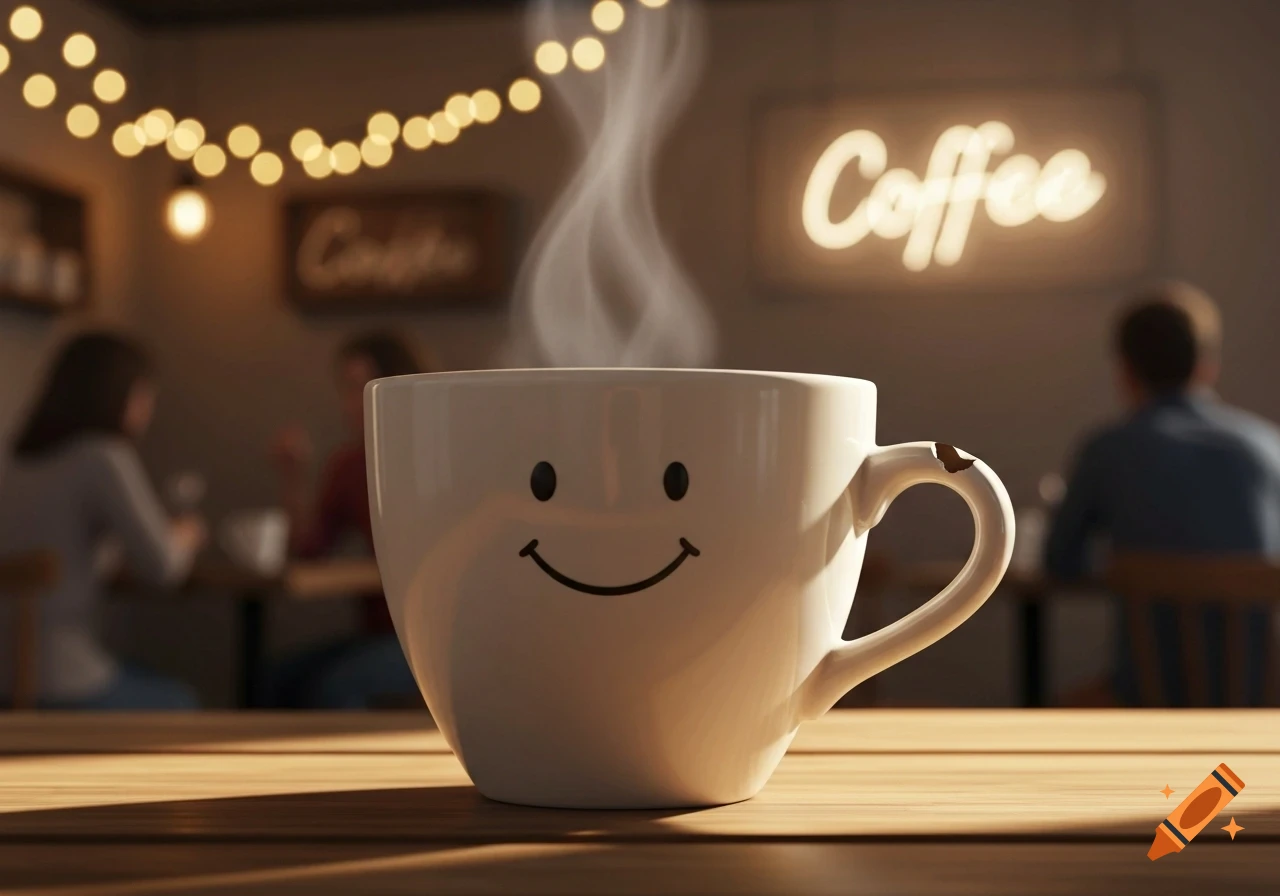 A steaming white coffee cup with a smiling face on a wooden table in a cozy cafe with neon lights.