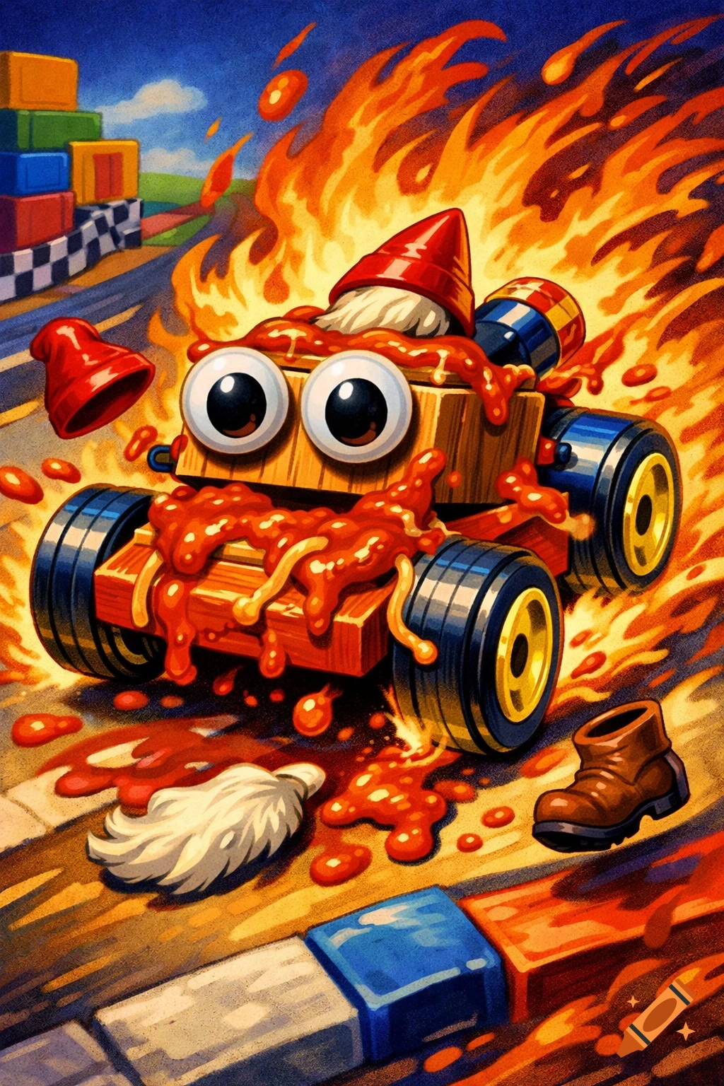 A cartoon wooden toy car with googly eyes, covered in pasta sauce and engulfed in flames, races on a track with gnome parts scattered around.