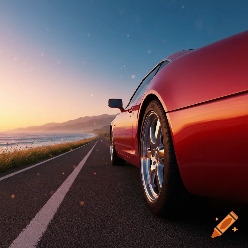 A low-angle, photorealistic shot of a red sports car driving on a coastal road at sunset, with mountains in the distance.