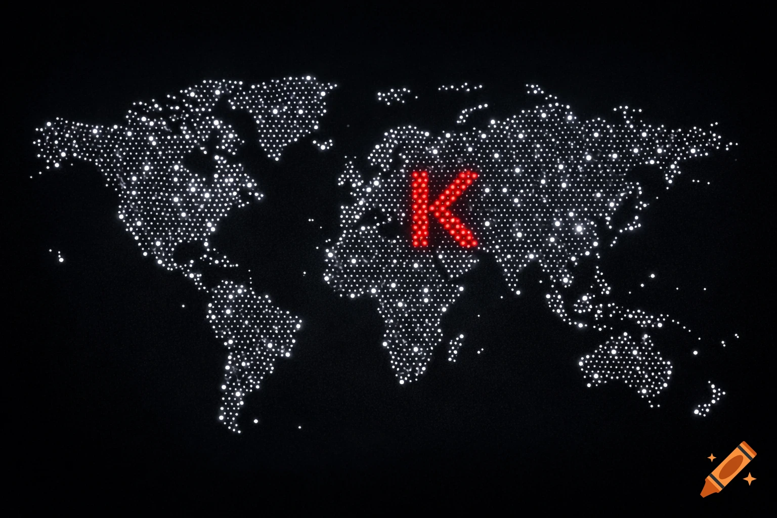 A world map made of white dots on a black background, with a large glowing red letter K formed by red dots in Eurasia.