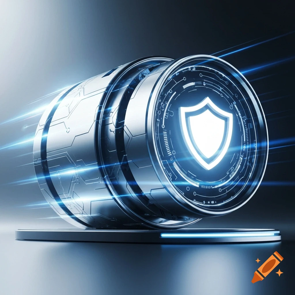 A shiny metallic cylinder with circuit patterns and glowing blue lines, featuring a prominent blue shield icon, representing cybersecurity.