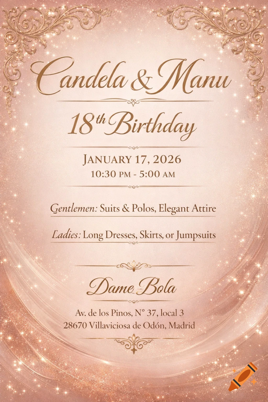 An elegant rose gold birthday invitation for Candela & Manu's 18th birthday, with ornate gold flourishes and sparkling details.