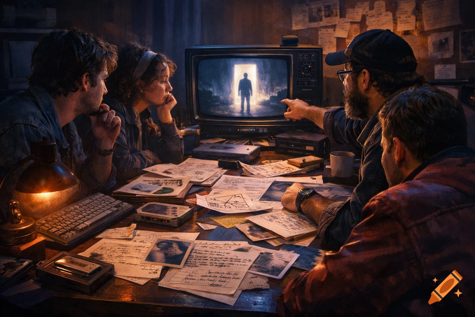 Four people in a dimly lit room gathered around a vintage TV, watching a mysterious figure on screen amidst scattered papers, in a dark 1980s sci-fi atmosphere.