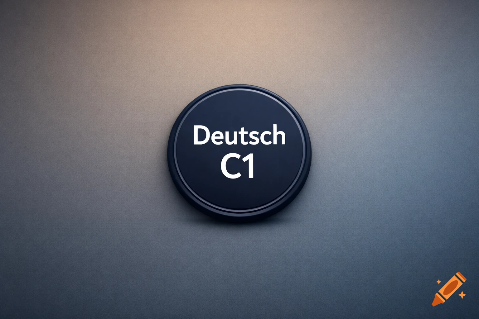 A dark circular badge with white text "Deutsch C1" on a blurred gray and beige background.