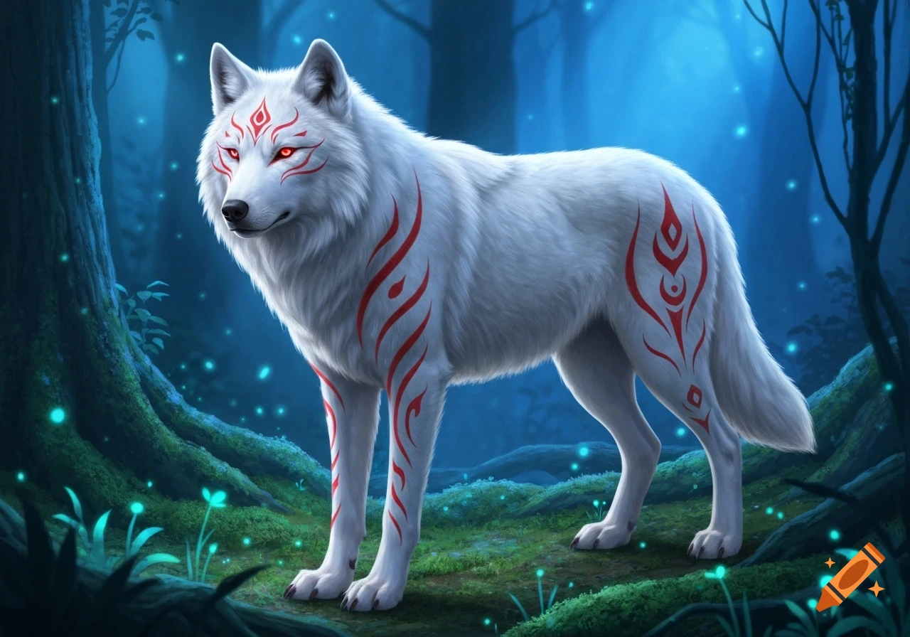 A majestic white wolf with red tribal markings and glowing red eyes ...