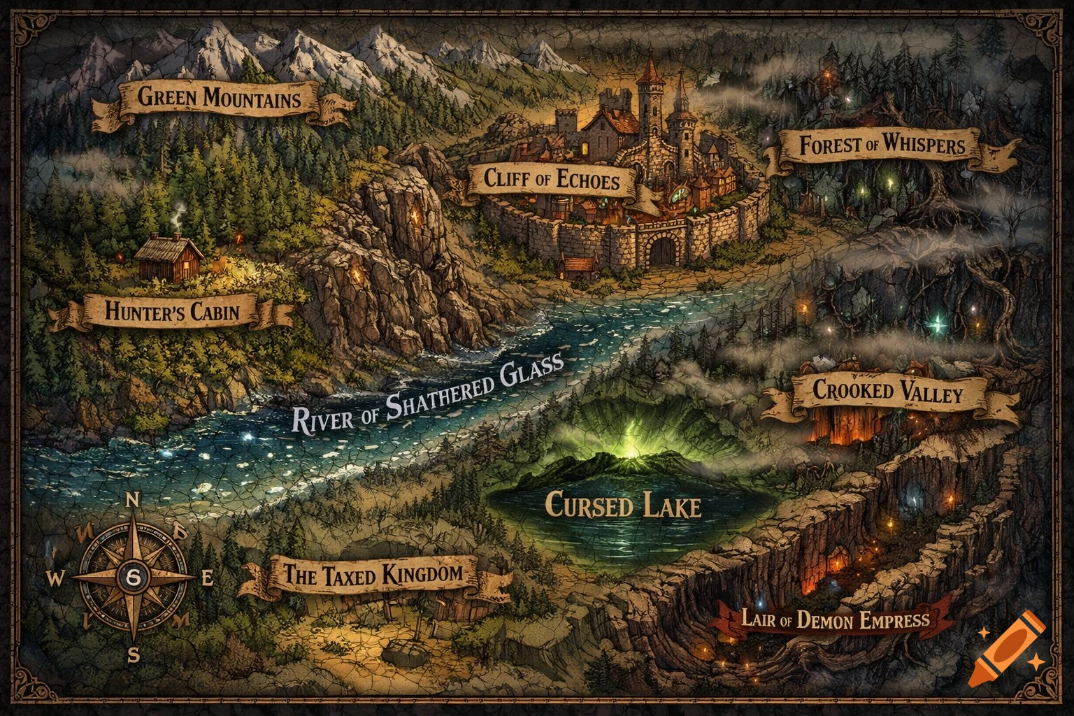 A detailed, hand-drawn style fantasy world map with labeled locations like Green Mountains, Cliff of Echoes, Cursed Lake, and Lair of Demon Empress.