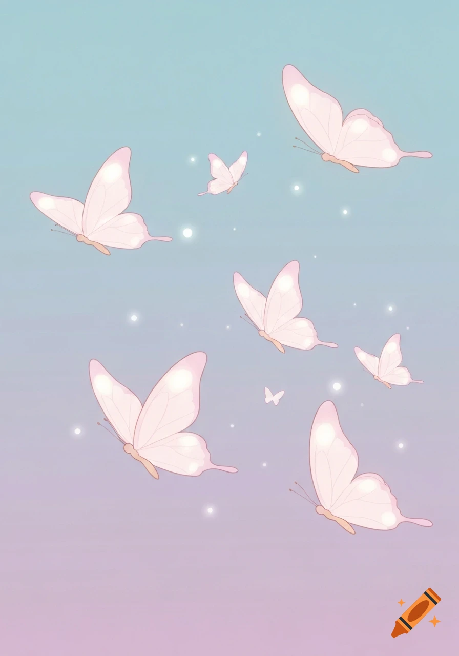 Light pink glowing butterflies float against a pastel blue and purple gradient background in a dreamy cartoon style.